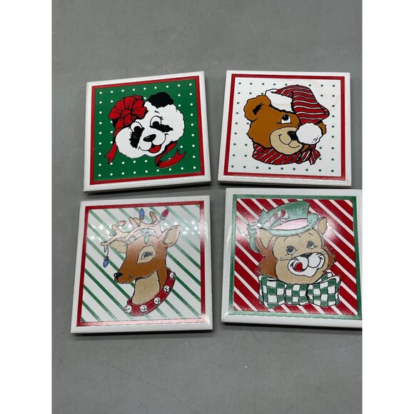 set of 4 Christmas trivets decorative wall hanging rubber feet bears cat READ - Picture 2 of 14
